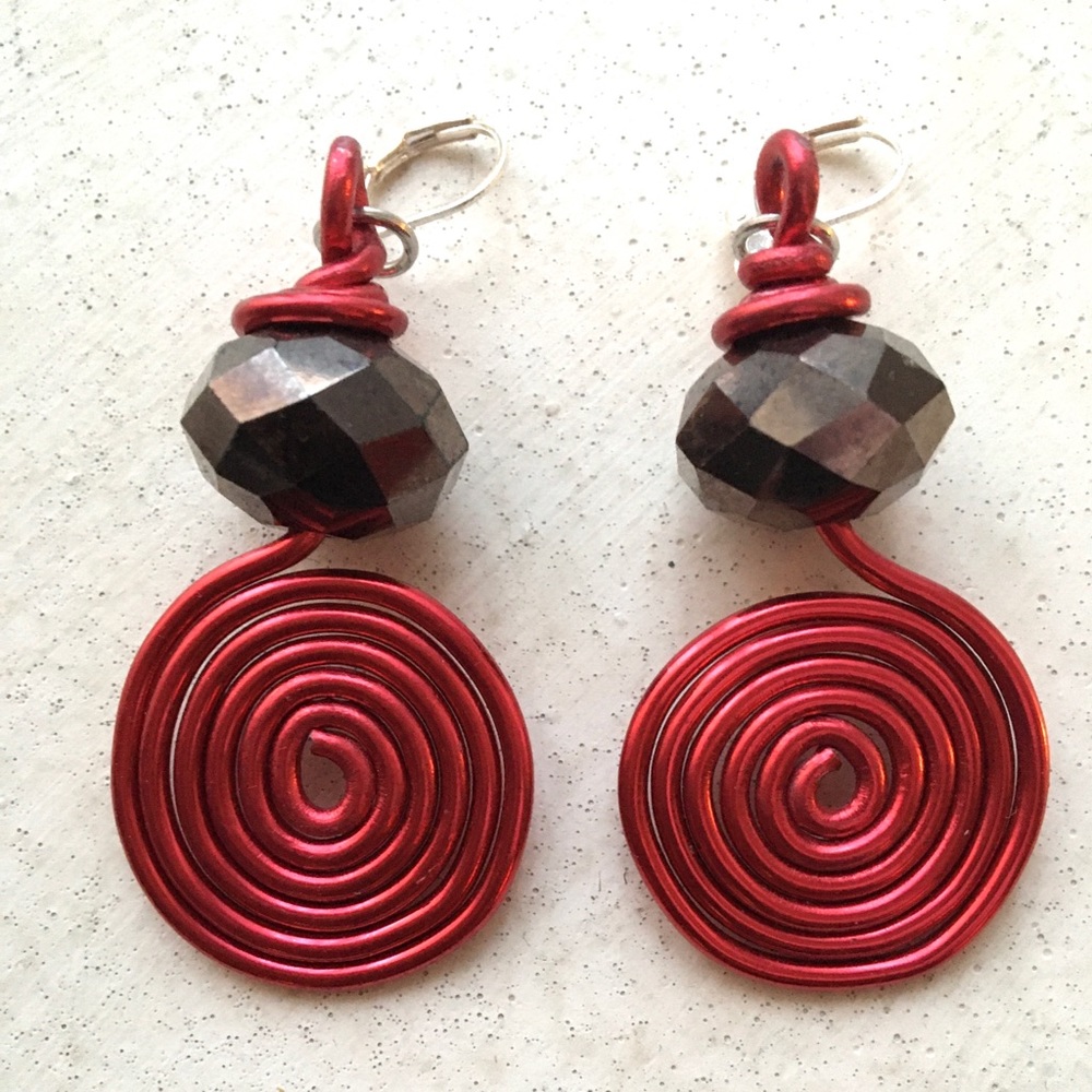 Red Spiral Wire Bling Earrings